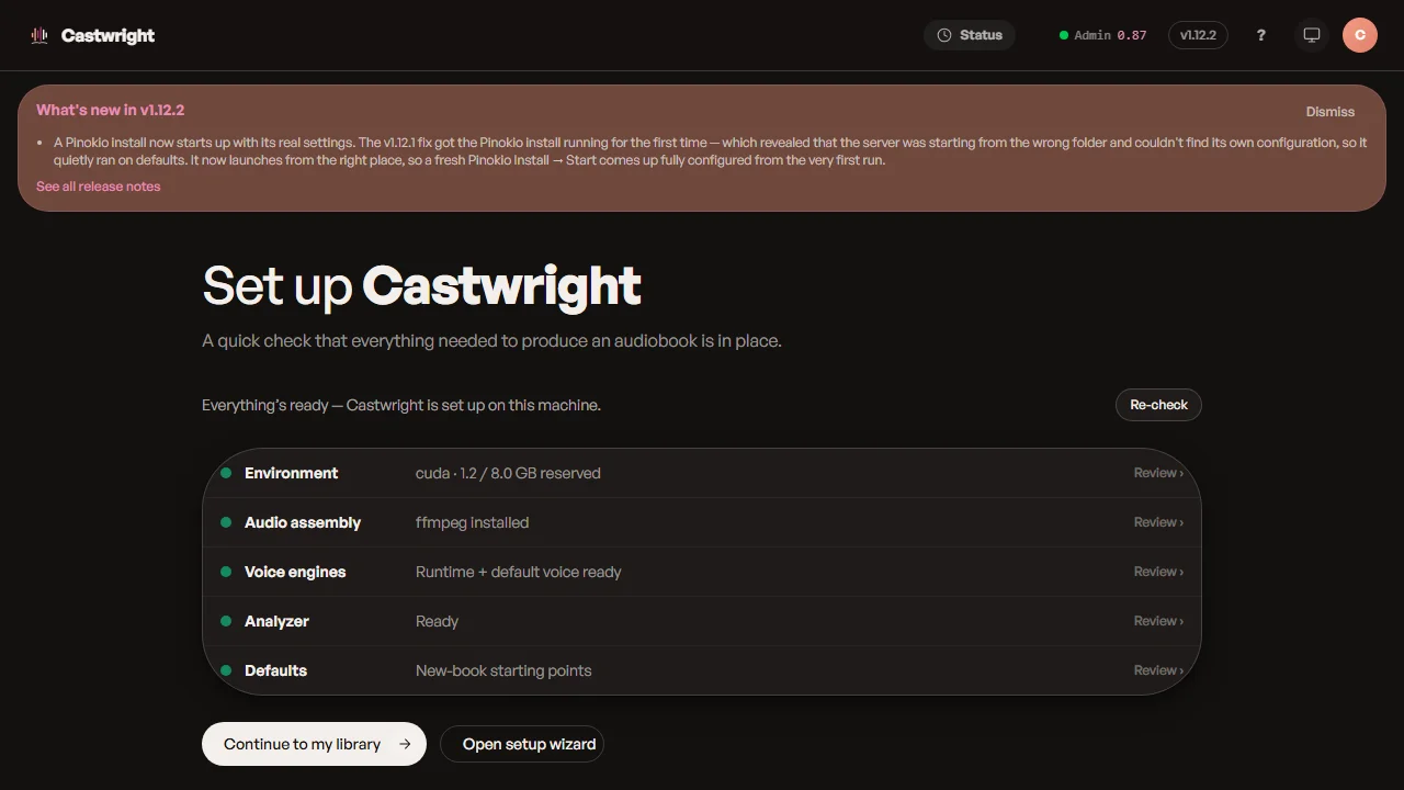Castwright's first-run setup, reached through a Pinokio install — every check green: environment ready, ffmpeg installed, voice engines ready, analyzer ready, defaults set