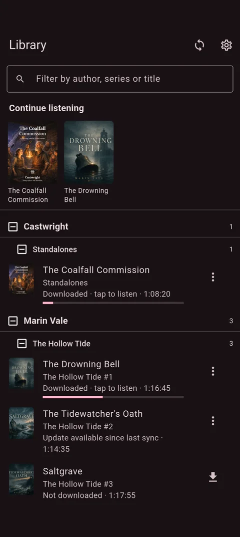 Castwright companion app on an Android phone — the synced library
