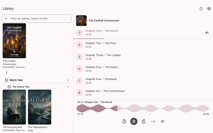 The Castwright companion app on a 10-inch tablet — the library list on the left beside a persistent player pane on the right, playing The Coalfall Commission
