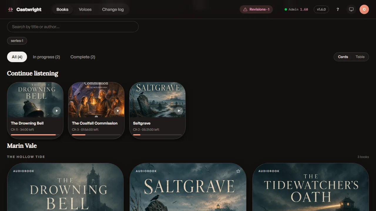 Castwright's library, picking up where you left off — the same progress on desktop, tablet, and phone