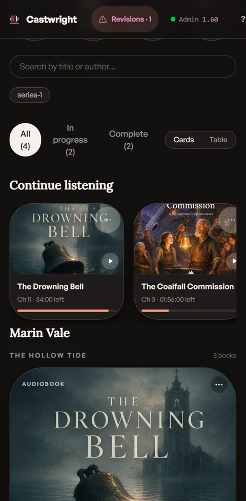 Castwright's library, picking up where you left off — the same progress on desktop, tablet, and phone on a phone
