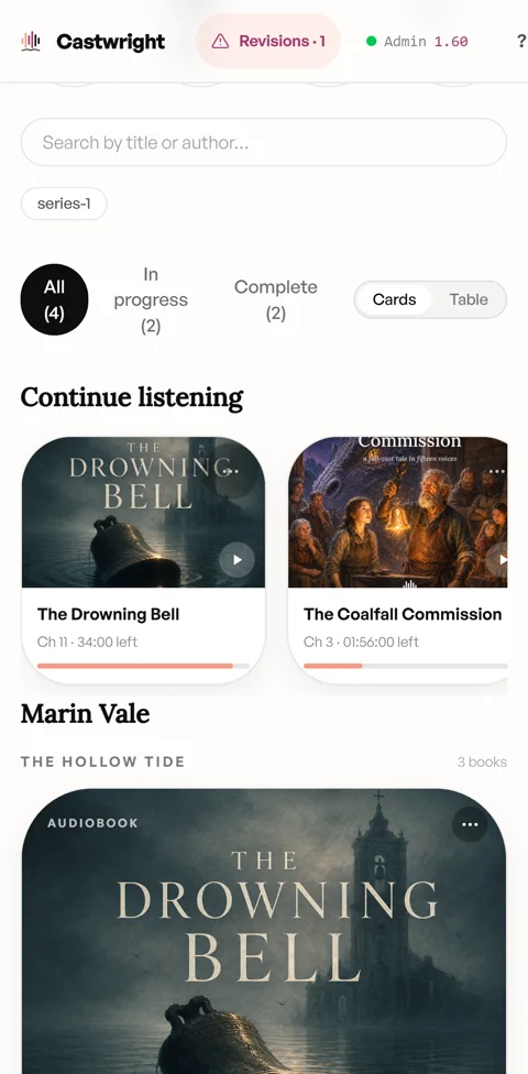 Castwright's library, picking up where you left off — the same progress on desktop, tablet, and phone on a phone
