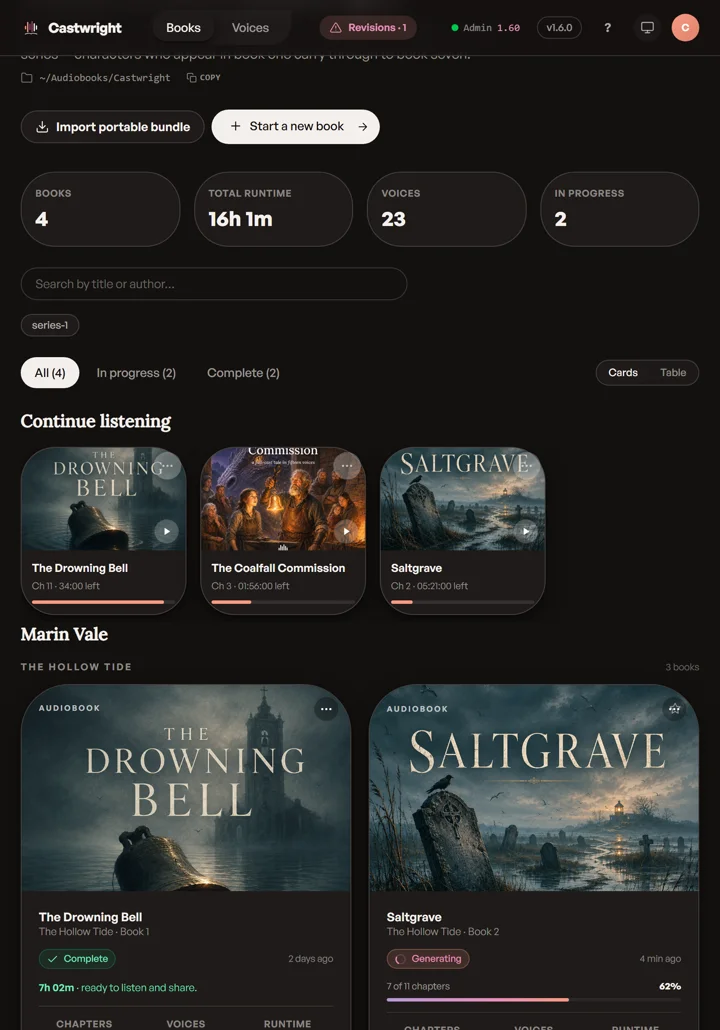 Castwright's library, picking up where you left off — the same progress on desktop, tablet, and phone on a tablet