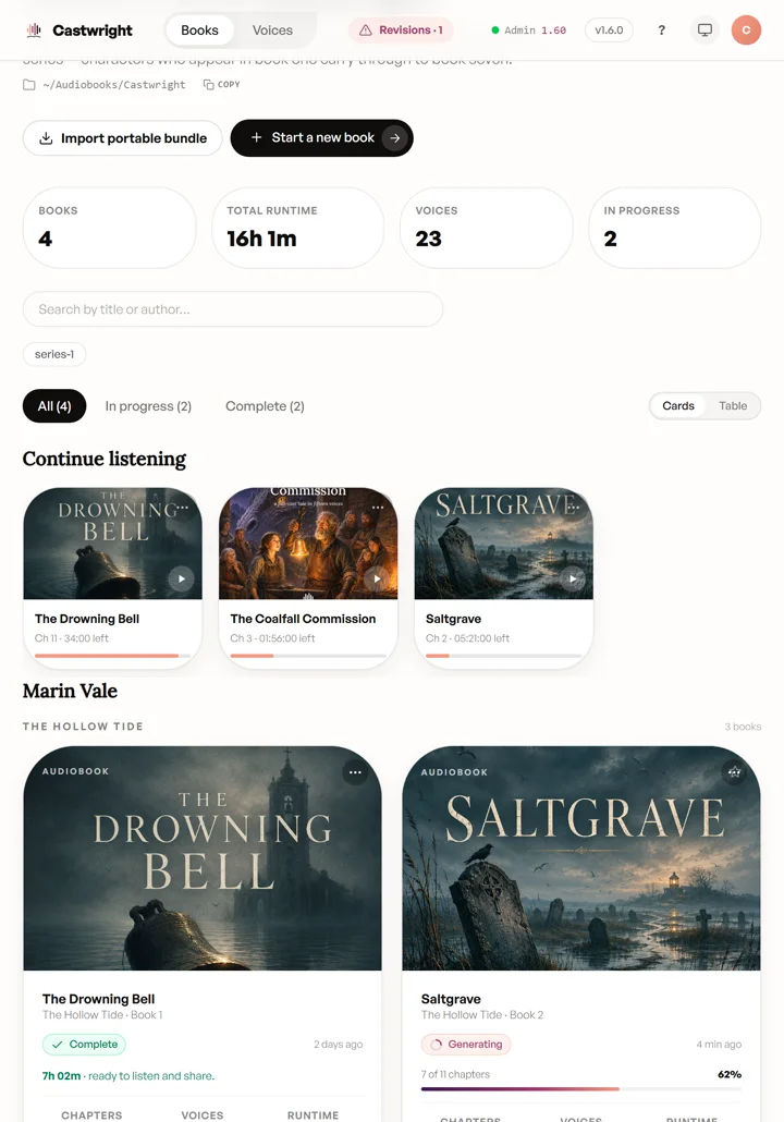Castwright's library, picking up where you left off — the same progress on desktop, tablet, and phone on a tablet
