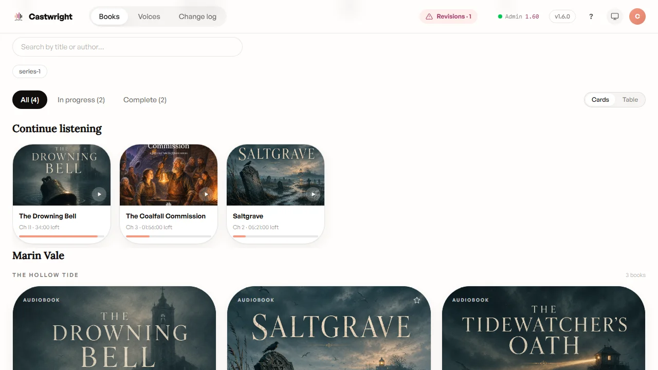 Castwright's library, picking up where you left off — the same progress on desktop, tablet, and phone