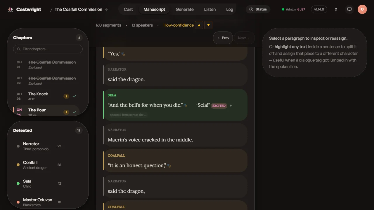 Castwright's manuscript view with per-line delivery cues — an EXCITED chip on a line of dialogue and stage-direction markers on other lines, performed at the higher-quality tier
