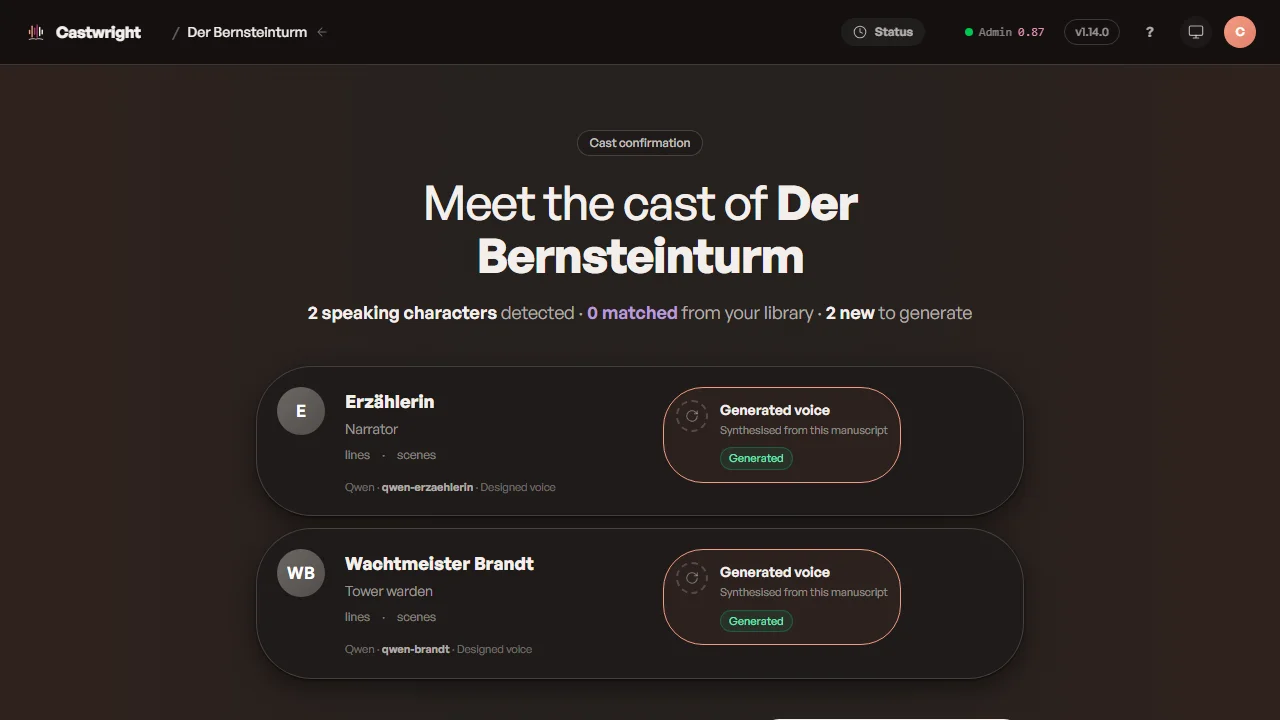 Confirming the cast for a German-language book, Der Bernsteinturm — each speaking character assigned a designed Qwen voice