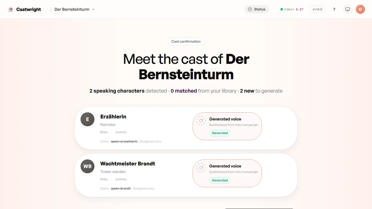 Confirming the cast for a German-language book, Der Bernsteinturm — each speaking character assigned a designed Qwen voice