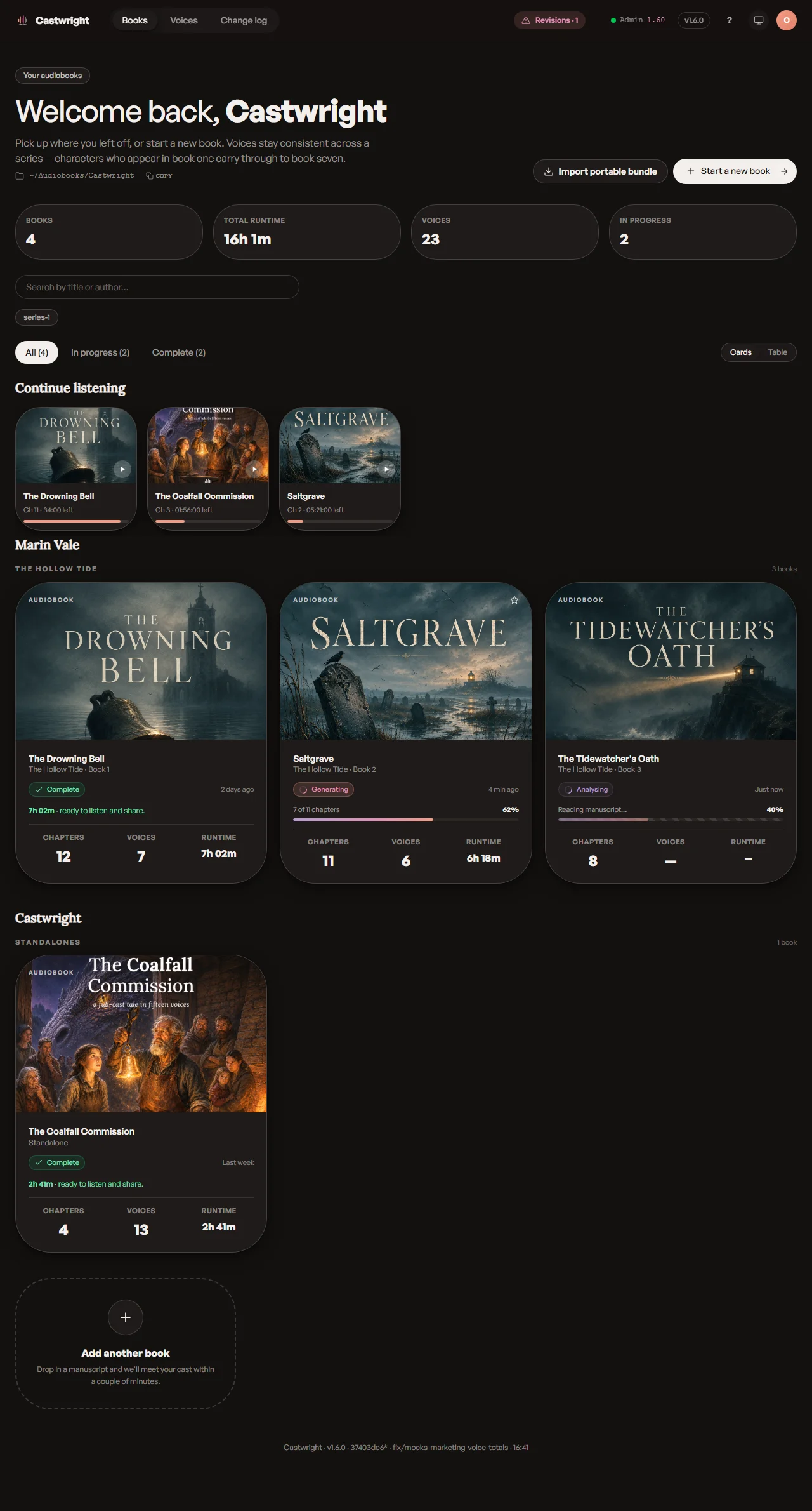 A full Castwright library — Continue listening, multiple series with per-book chapter and runtime stats, and an Add another book card