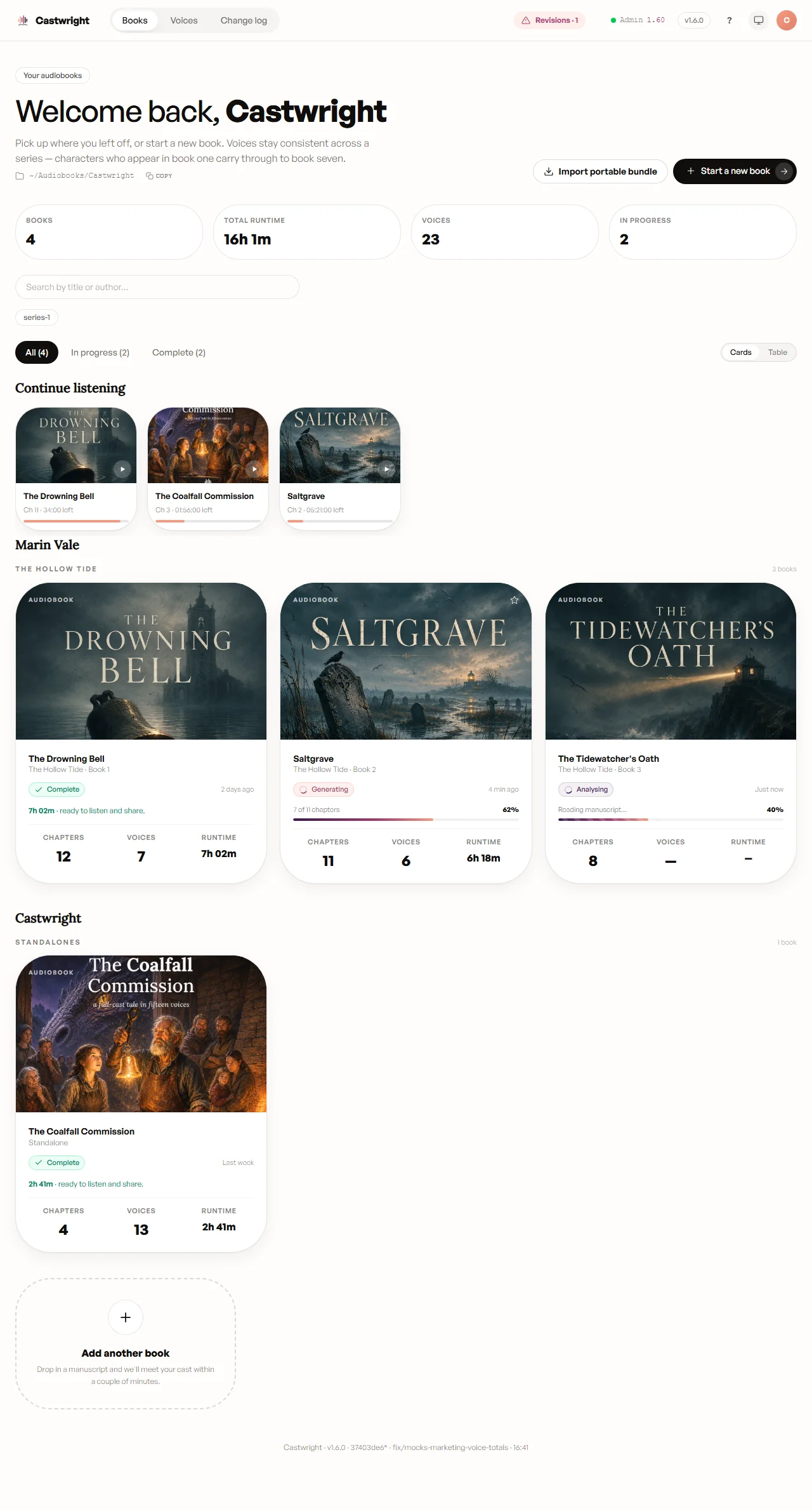 A full Castwright library — Continue listening, multiple series with per-book chapter and runtime stats, and an Add another book card
